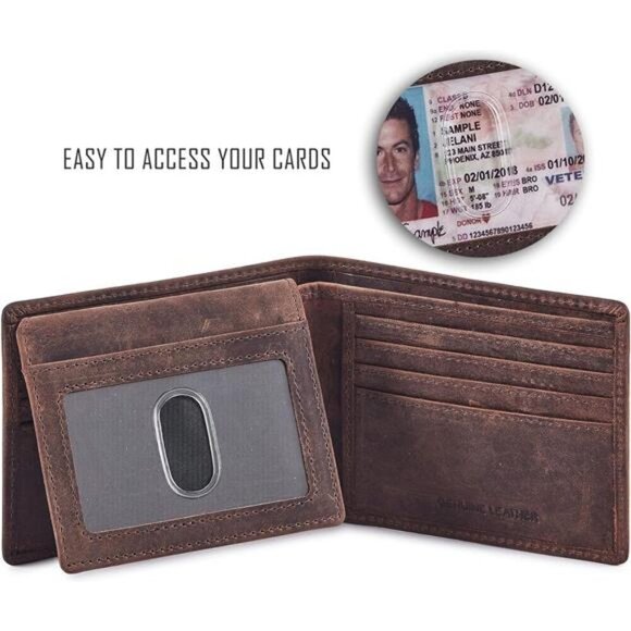 Men's RFID Blocking Real Leather Bifold Stylish 2 ID Window - Picture 2 of 6